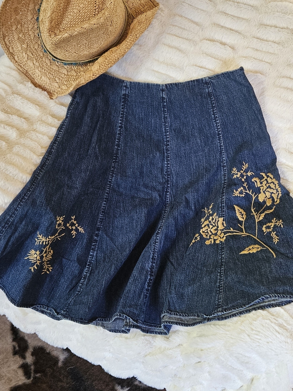 Denim A-Line Skirt with Golden Floral Embroidery